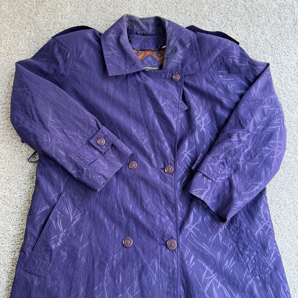 Vintage 80s Portrait Coat Womens 14 Purple Nylon Trench Geometric Print RN 44812